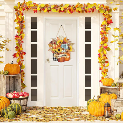 Fall Decoration Welcome Wreaths for Front Door Wooden Hello Fall Pumpkin Thanksgiving Door Sign Ornament