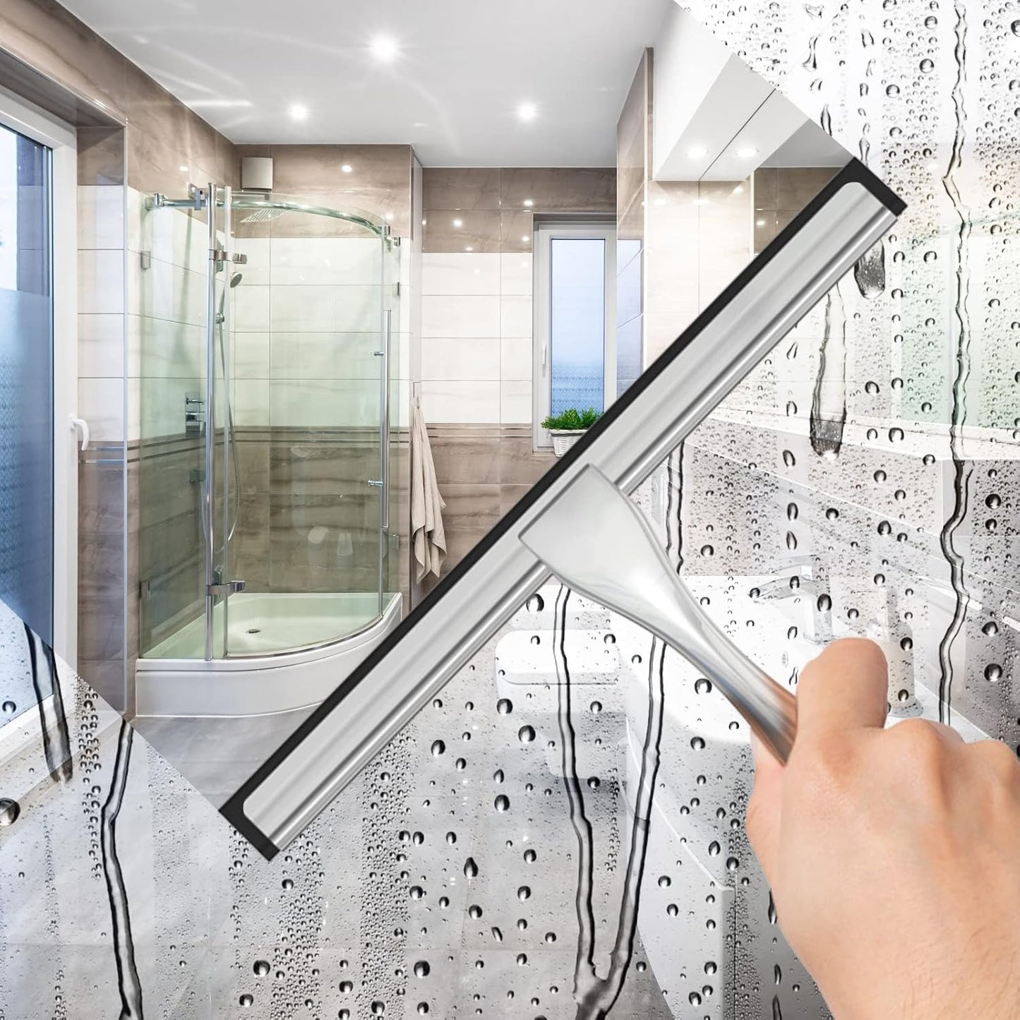 Stainless Steel Shower Squeegee for Shower Glass Door with 2 Adhesive Hooks Bathroom Cleaner Tool Household