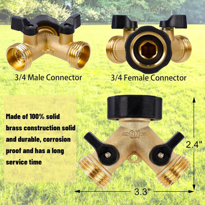 Garden Hose Splitter 2 Way Heavy Duty Brass Connector Tap Splitter Y Splitter 2 Valves with 2 Extra Rubber Washers