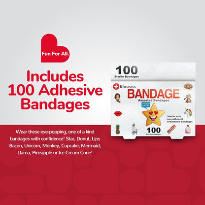 100 Count Assorted Animal Fun and Food Shaped Self Adhesive Bandage Set Latex Free Sterile Wound Care