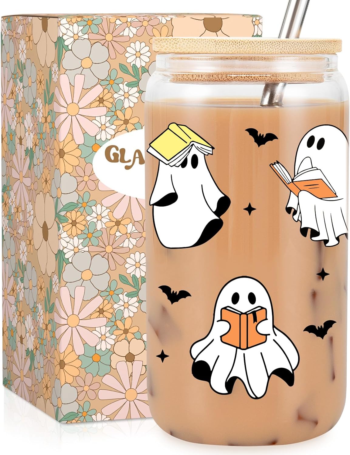 Cute Spooky Gifts for Book Lovers 16 oz Iced Coffee Tumbler Cup w/Lid Straw Book Themed