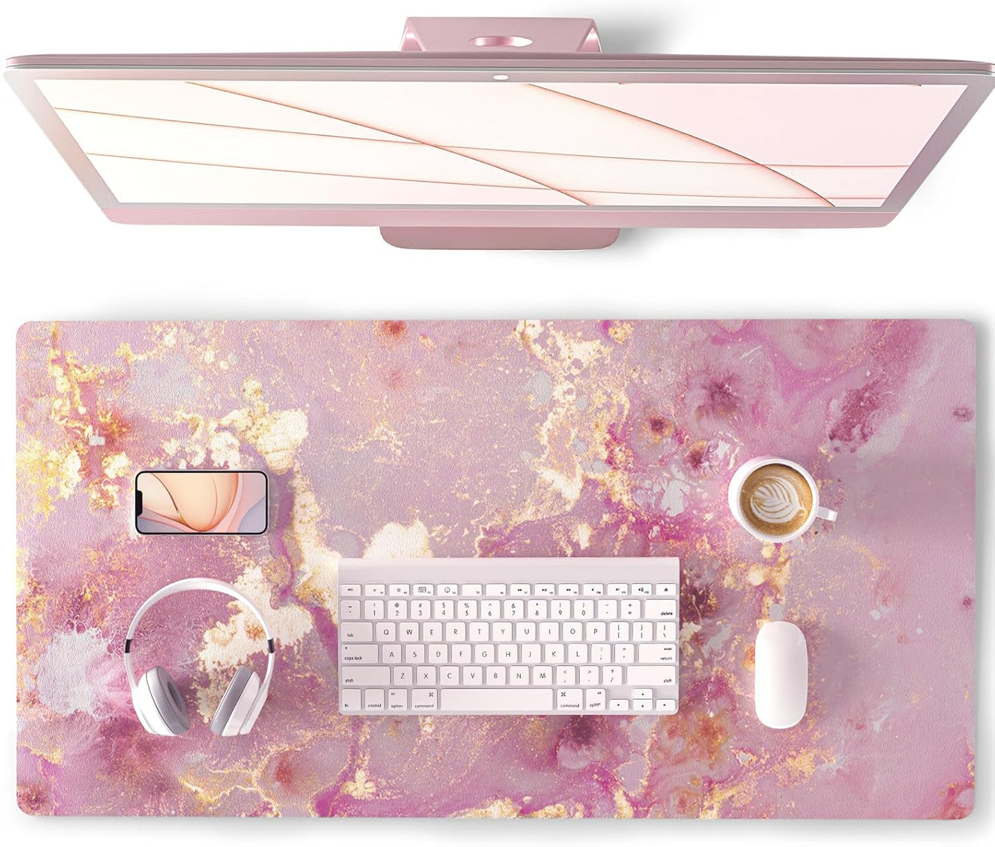 Cute Pink Desk Mat for Desktop Women Girls PU Leather Desk Pad Waterproof Gaming Mousepad Rose Gold Marble