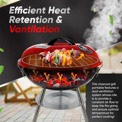 14-inch Portable Barbecue Grill with 3-Point Locking Lid for Heat Preservation Dual Venting System – Small Charcoal Grill for Backyard, Camping