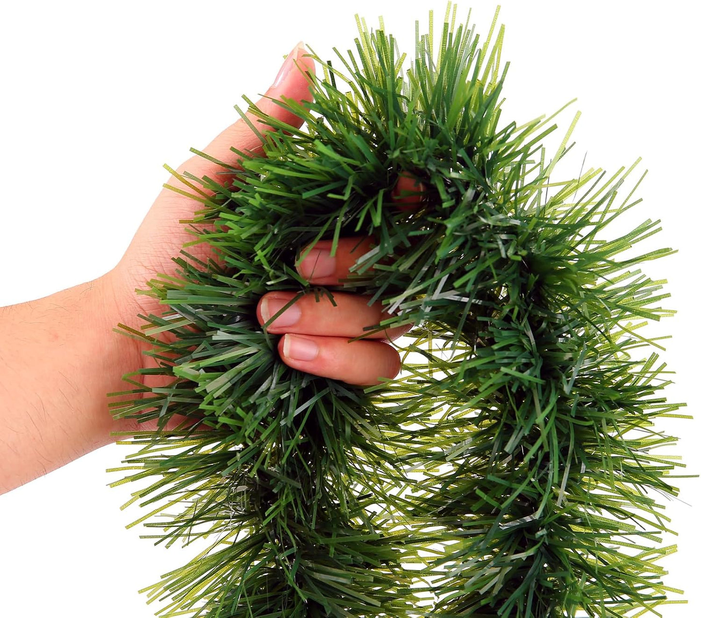 50Ft Xams Greenery Tinsel Stems Non-Lit Soft Twist Garland Decor for Tree Stairs Railing Front Door Mantle