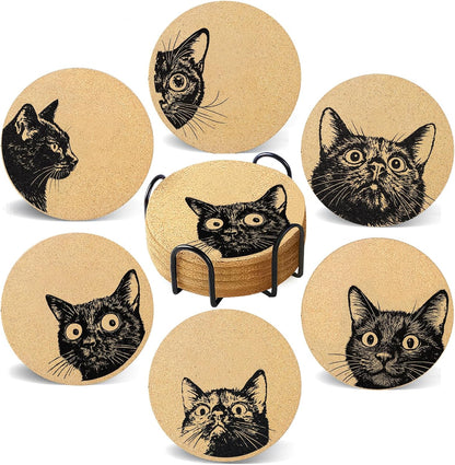 Set of 6 Curious Cat Cork Coaster Absorbent for Office Desk Cat Table Coasters Kitchen Decor House Warming Gifts