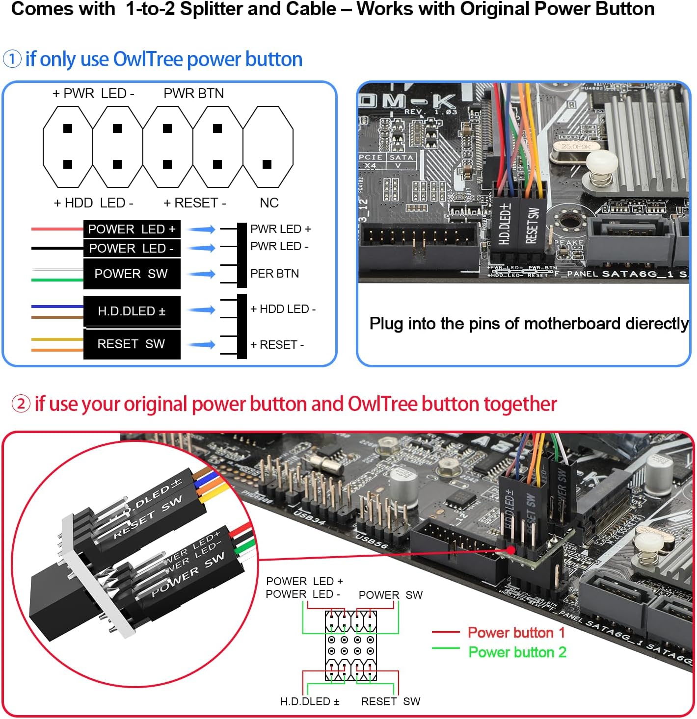 PC Power Button Desktop Switch Splitter ON Off Reset SW HDD LED PC External Power Supply Button