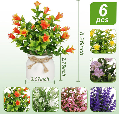 6pcs Artificial Pot Flowers Small Fake Plants Mini Potted Plants for House Office Tabletop