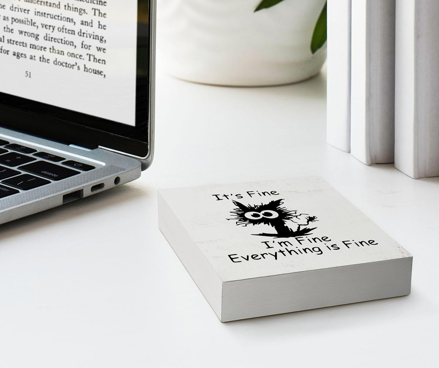 Funny Office Desk Decor Black Cat 'It's Fine' Wood Box Sign Home Office Wall Tabletop Shelf Decor