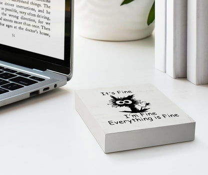Funny Office Desk Decor Black Cat 'It's Fine' Wood Box Sign Home Office Wall Tabletop Shelf Decor