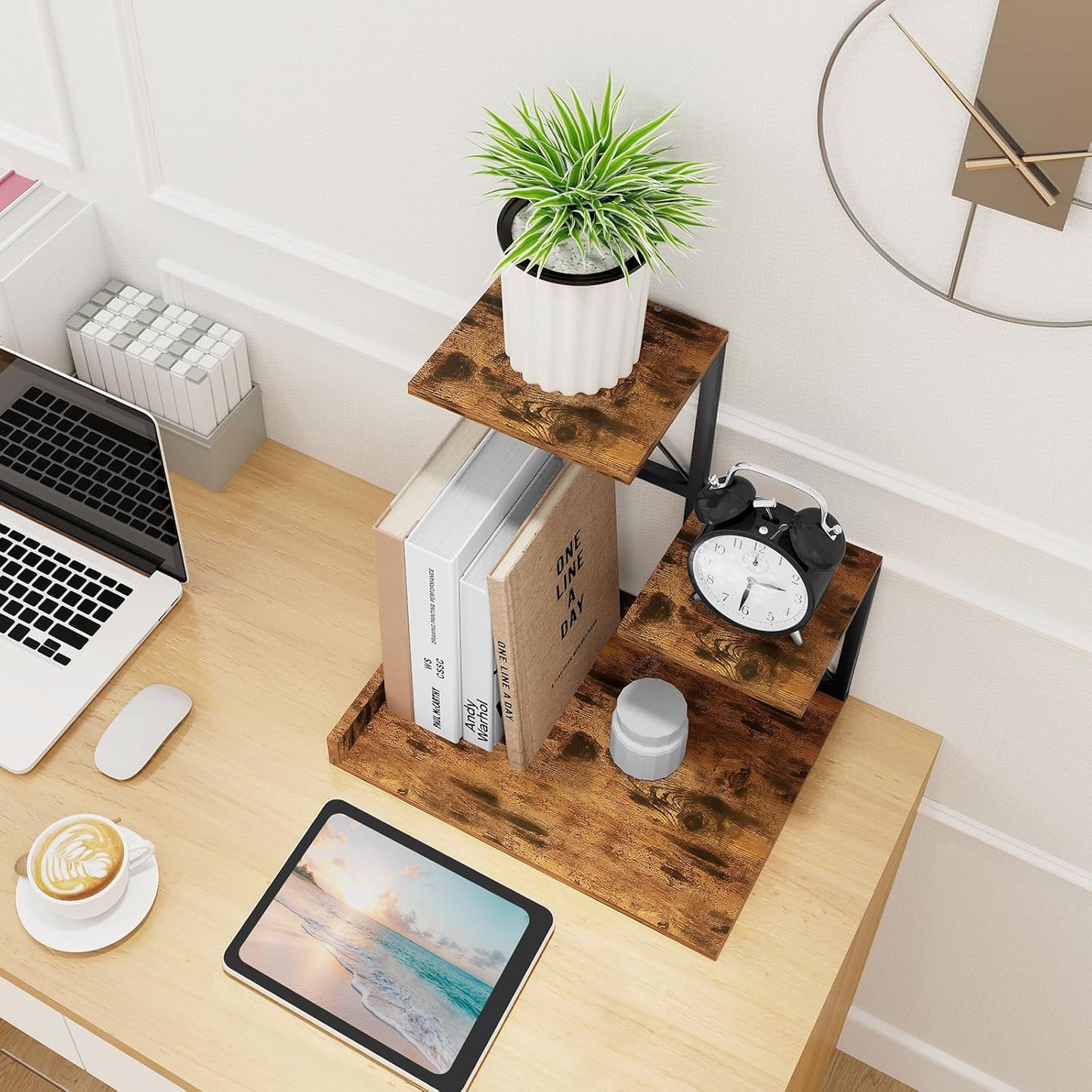 Desk Shelf Organizer Wood Desktop Organizer Small Bookshelf 3 Tier Storage Shelf Riser Display Stand for Office Decor