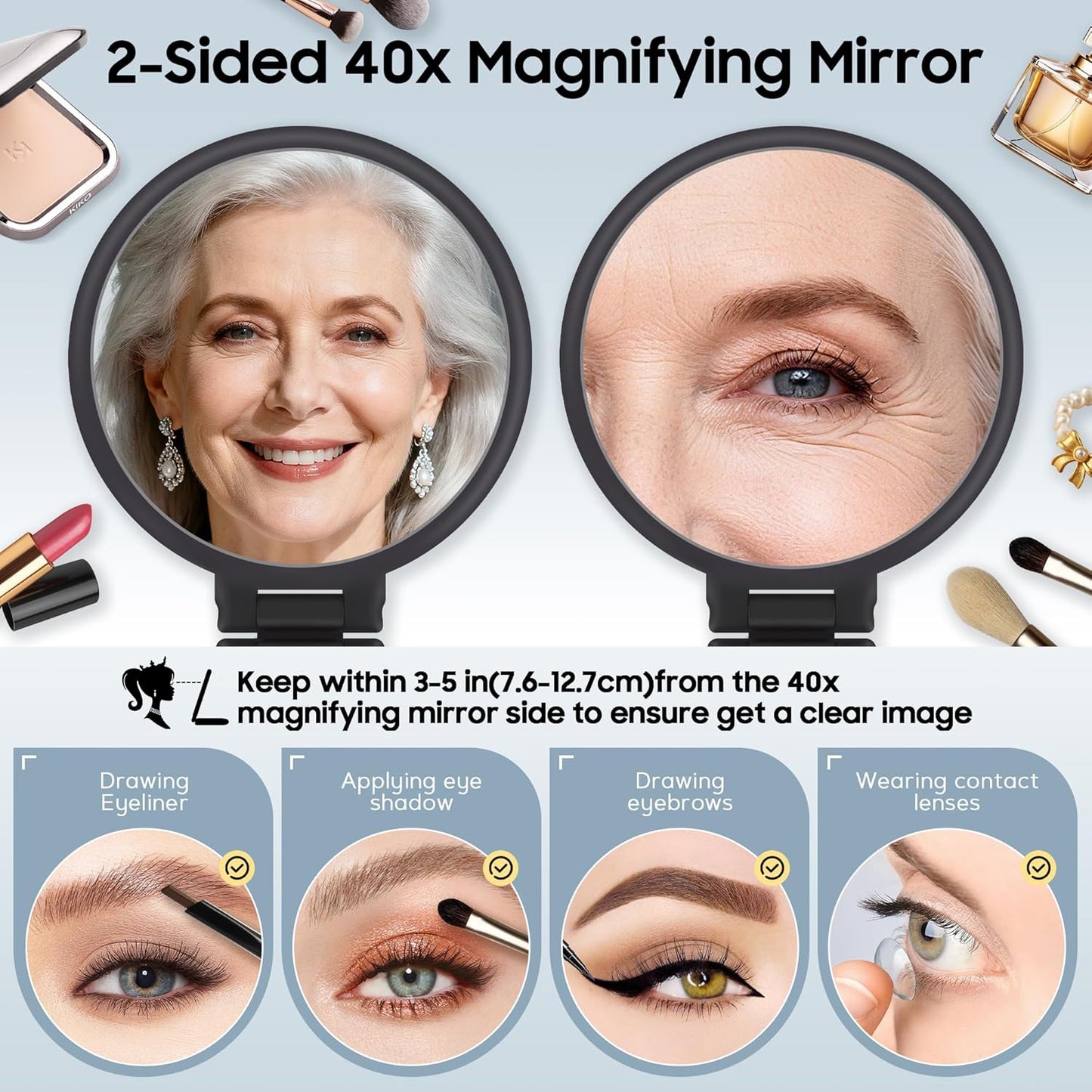 40X Magnifying Mirror, Hand Mirror for Makeup Double Sided with 40X/1X Magnification Travel Essential, Portable Foldable