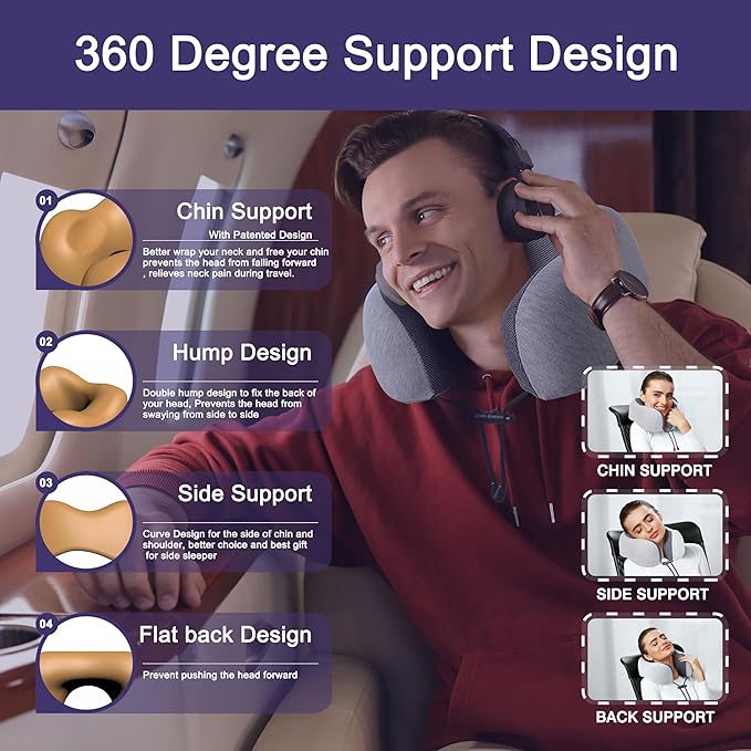 Neck Pillow for Traveling Upgraded Travel Neck Pillow for Airplane 100% Pure Memory Foam