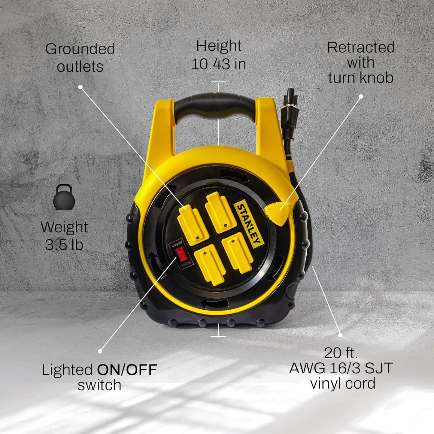Retractable Extension Cord Reel 20ft Portable 4 Outlet Cord Reel with On Off Switch 16/3 AWG Power Cable