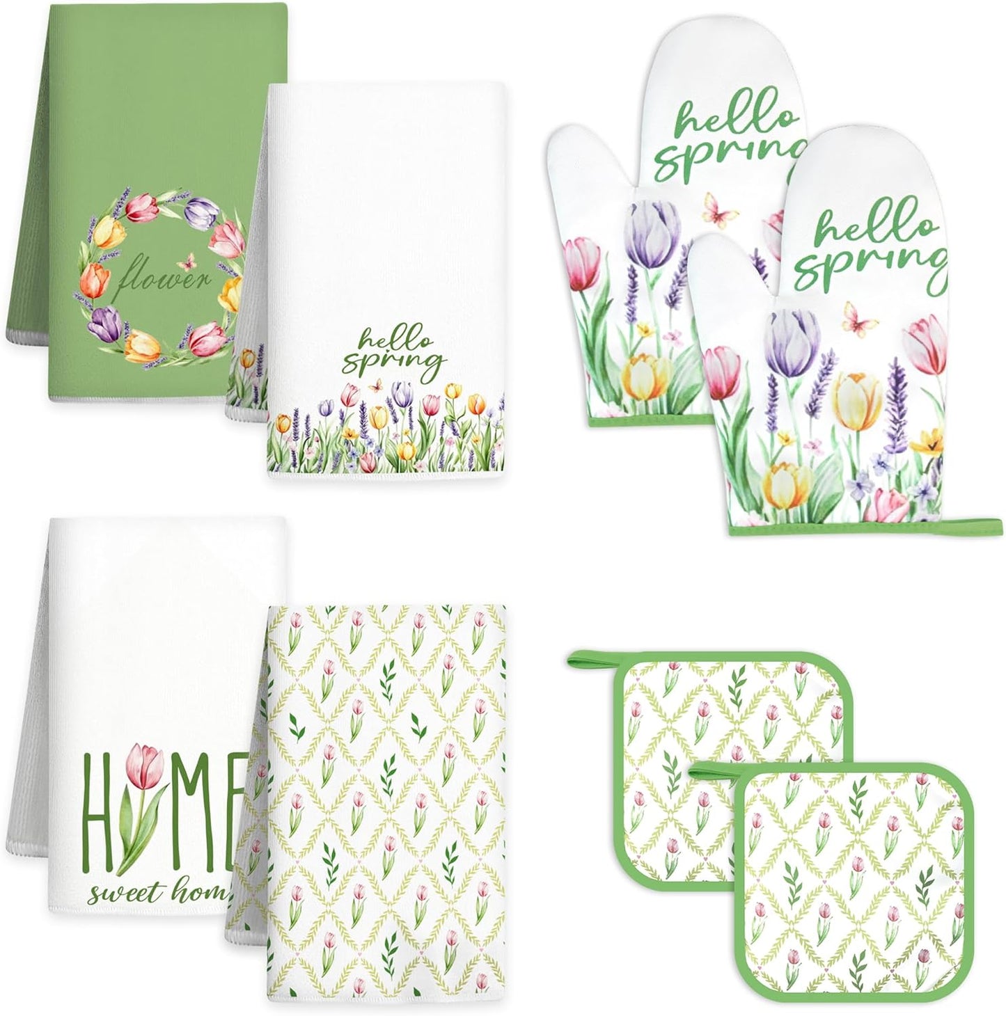 8 Pcs Tulip Floral Spring Style Kitchen Towels and Oven Mitts and Pot Holders Sets 4 Dish Towels 2 Absorbent