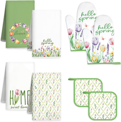 8 Pcs Tulip Floral Spring Style Kitchen Towels and Oven Mitts and Pot Holders Sets 4 Dish Towels 2 Absorbent