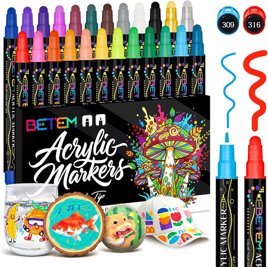 24 Colors Dual Tip Acrylic Paint Pens Markers Premium Water Based Acrylic Paint Markers for Fabric Rock Wood Glass