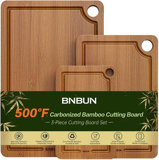 Cutting Board for Kitchen 3-Piece Set with Juice Grooves, Side Handles & Non-Slip Mats