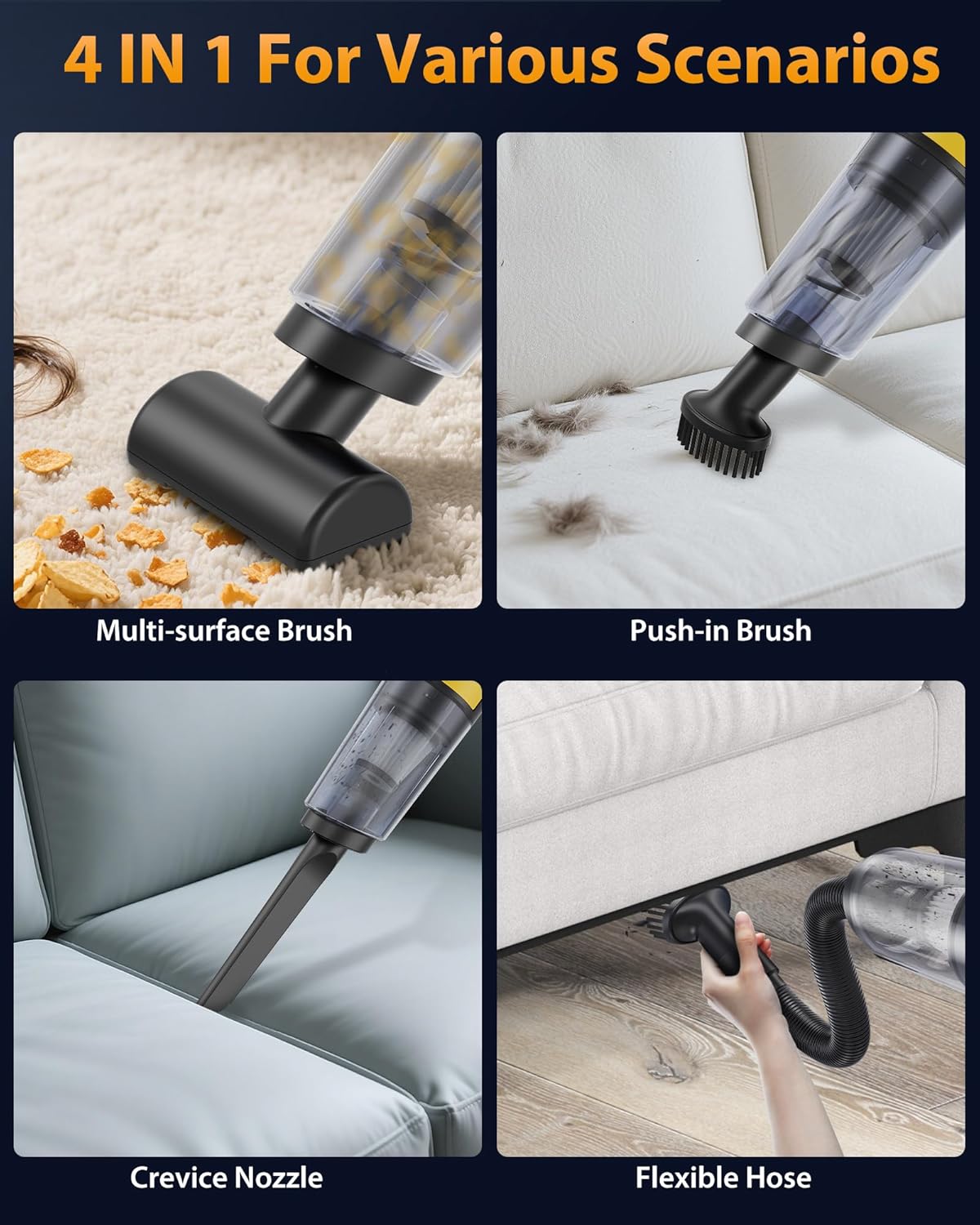 Vacuum Cordless 1.1 Pounds Car Vac 10000PA Hand Held Vacuums 4-in-1 Hand Vac Cordless Rechargeable