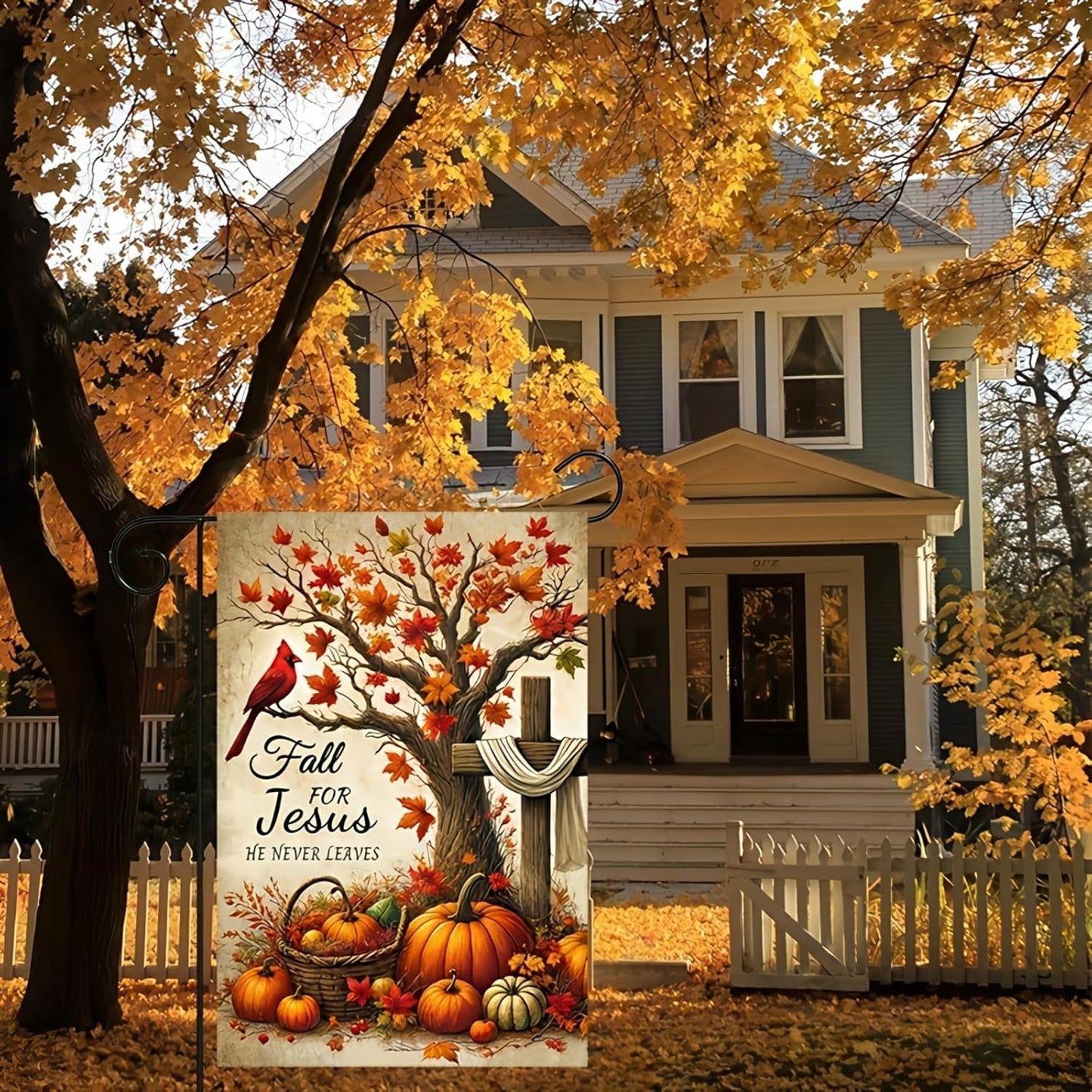 Garden Flag Autumn Christian Decoration Pumpkin Cross Design Yard Farmhouse