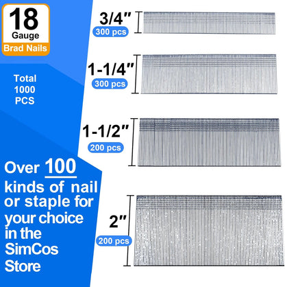 18 Gauge Brad Nails 4 Sizes (2",1-1/2",1-1/4",3/4") Galvanized 18 GA Nail Gun Nails Assorted and Small Finishing Nails
