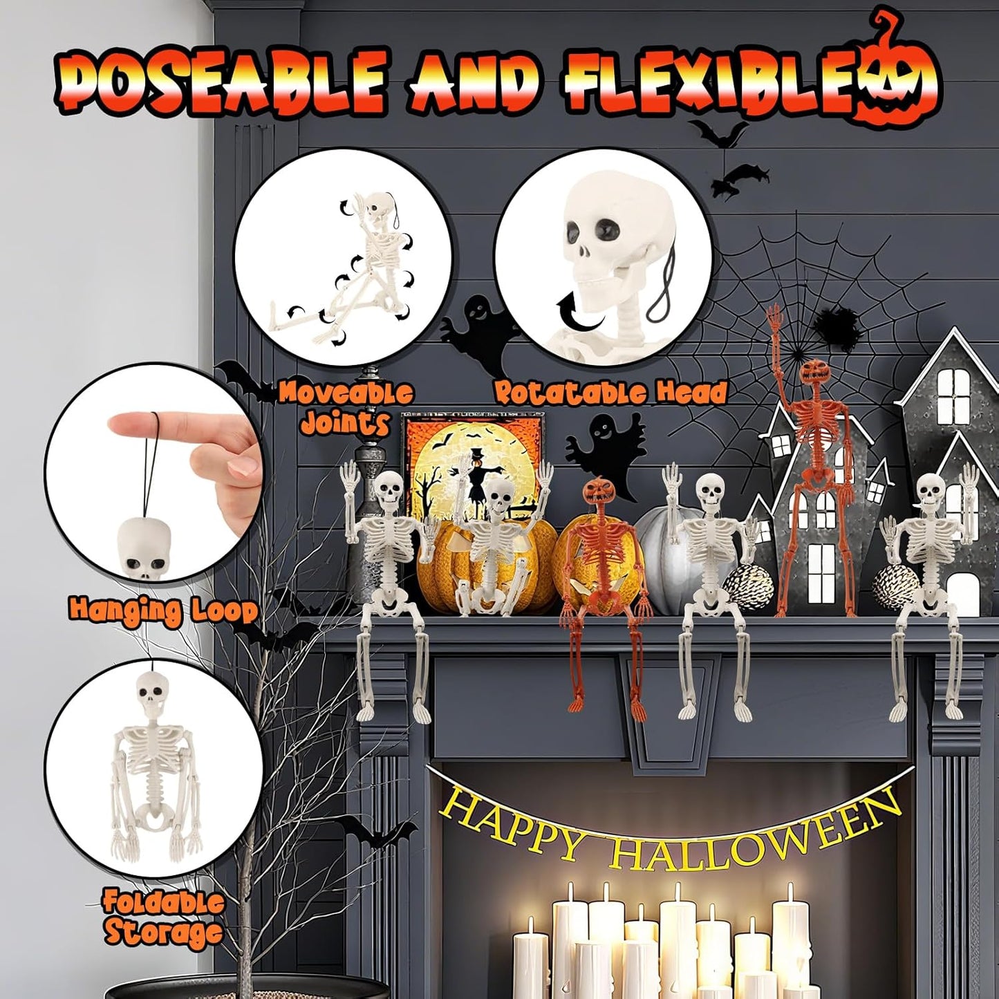 6 PCS Skeletons for Halloween 16 Inches, Full Body Posable Hanging Skeleton with Movable Joints for Halloween