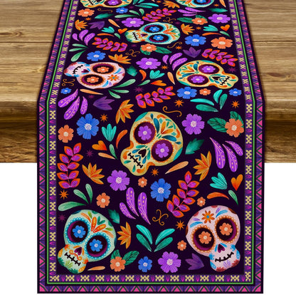 Table Runner Cinco de Mayo Rustic Linen Mexican Sugar Skull Day of The Dead Altar Decoration