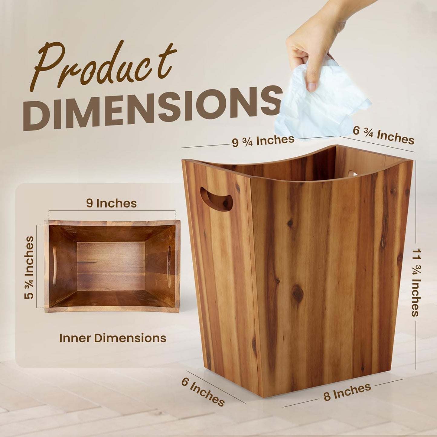 2 Gallon Acacia Wooden Bin Wastebasket Small Trash Can Decorative Bathroom Trash Can Waste Basket for Bedroom