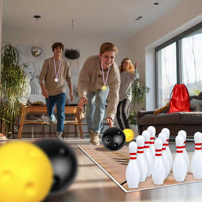 Mini Bowling Set Indoor Outdoor Indoor Bowling Set with Guide Arrow Mat Gold and Silver Medal