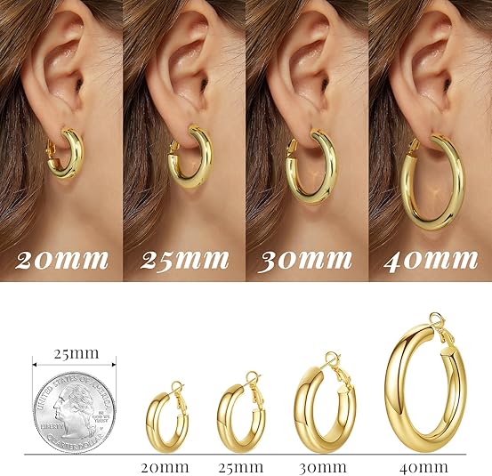 Chunky Gold Hoop Earrings - 14K Gold Plated Earrings for Women Hollow Tube Lightweight Thick Hoops Valentines Mother's Day