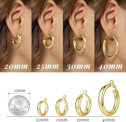 Chunky Gold Hoop Earrings - 14K Gold Plated Earrings for Women Hollow Tube Lightweight Thick Hoops Valentines Mother's Day