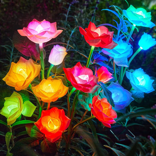 3 Pack Solar Flower Lights with 15 Rose Flowers Multi-Color Changing LED Waterproof Garden Decor for Landscape Pathway