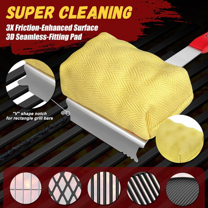 Grill Cleaning Brush Bristle Free for Outdoor Grill with 15" Extended Handle, 3X Thick Aramid Fabric