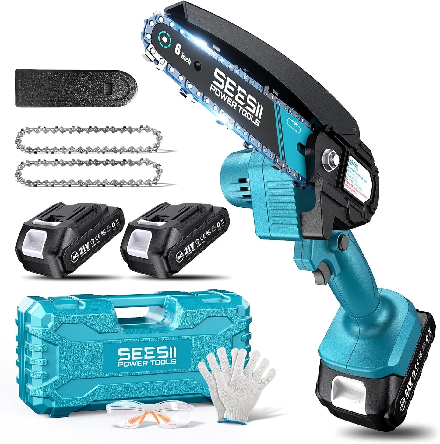 6-inch Mini Chainsaw Cordless Handheld Electric Power Chain Saw with 2 Batteries for Tree Trimming Wood Cutting
