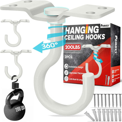 2Pcs 200LBS Rotatable Ceiling Hooks with 4 Screw Points Base, Wall Mount Metal Hanger White Ceiling Hook