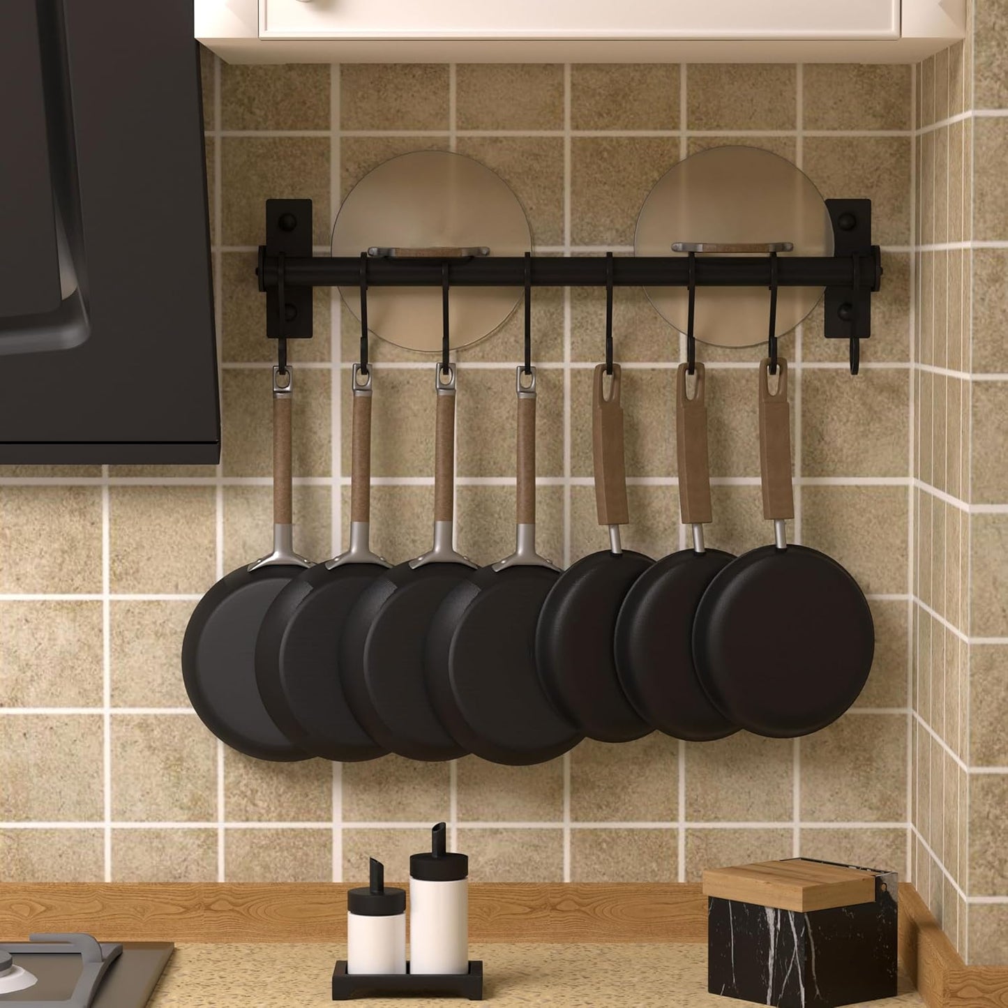 Kitchen Utensil Holder Hanger Pot and Pan Rack Wall Mounted Kitchen Rail with 8 Hooks for Hanging Cooking Utensils