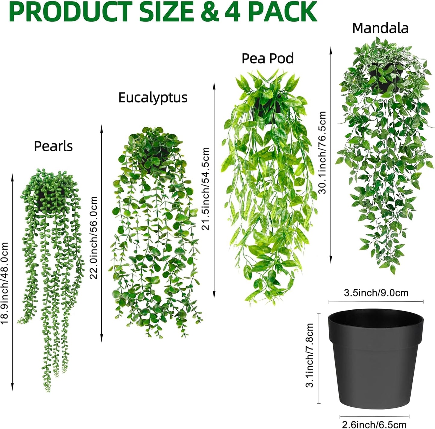 4 Pack Fake Potted Greenery Faux Eucalyptus Vine Mandala Vine String of Pearls Pea pod Leaves in Pot