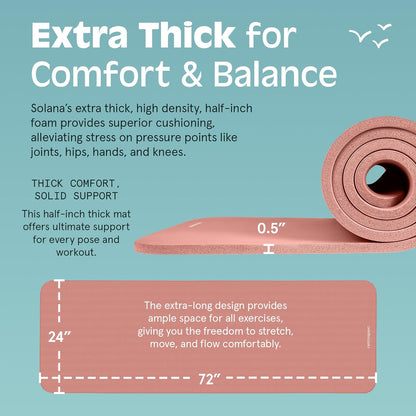 Yoga Mat Thick 1/2in Non-Slip Workout Mat with Nylon Strap  72x24in Exercise Mat for Pilates Stretching & Fitness