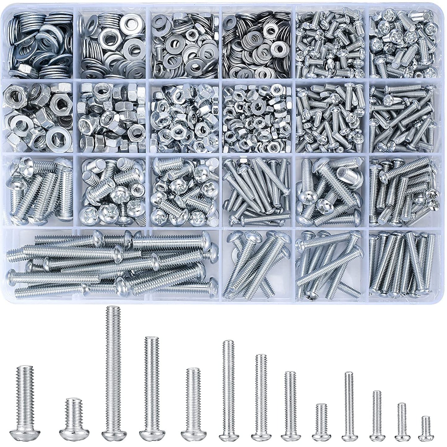 1080 Pcs Screws Bolts and Nuts Assortment Kit, Metric Machine Screws and Nuts and Flat Washers, M3/M4/M5/M6 Cross Slotted Round
