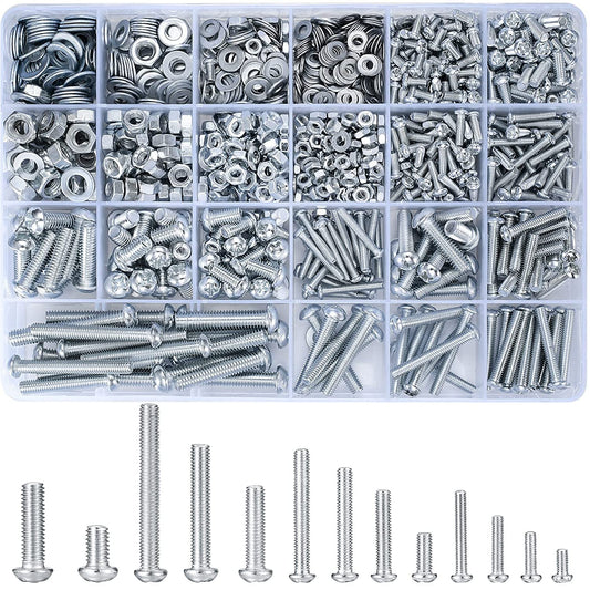1080 Pcs Screws Bolts and Nuts Assortment Kit, Metric Machine Screws and Nuts and Flat Washers, M3/M4/M5/M6 Cross Slotted Round