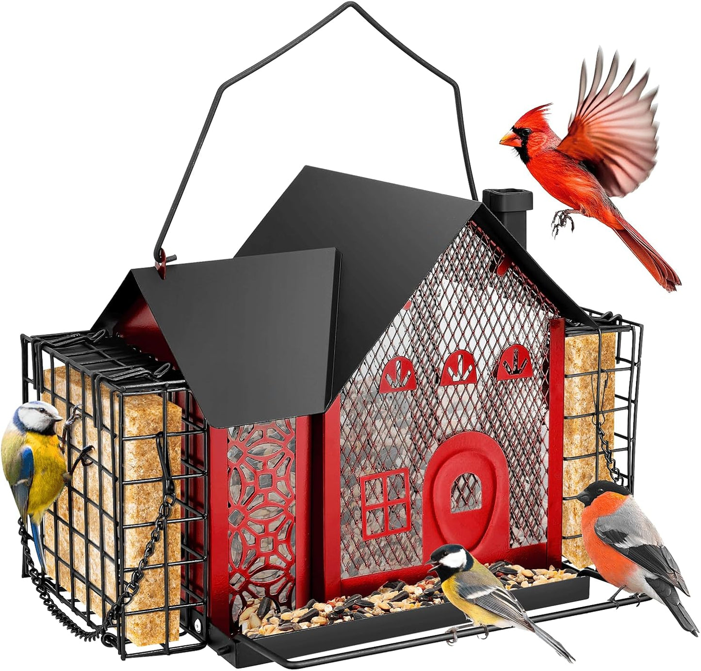 Metal Bird Feeder with Double Suet Cage Ideal Birdfeeders Outside Hanging Weatherproof & Large Capacity