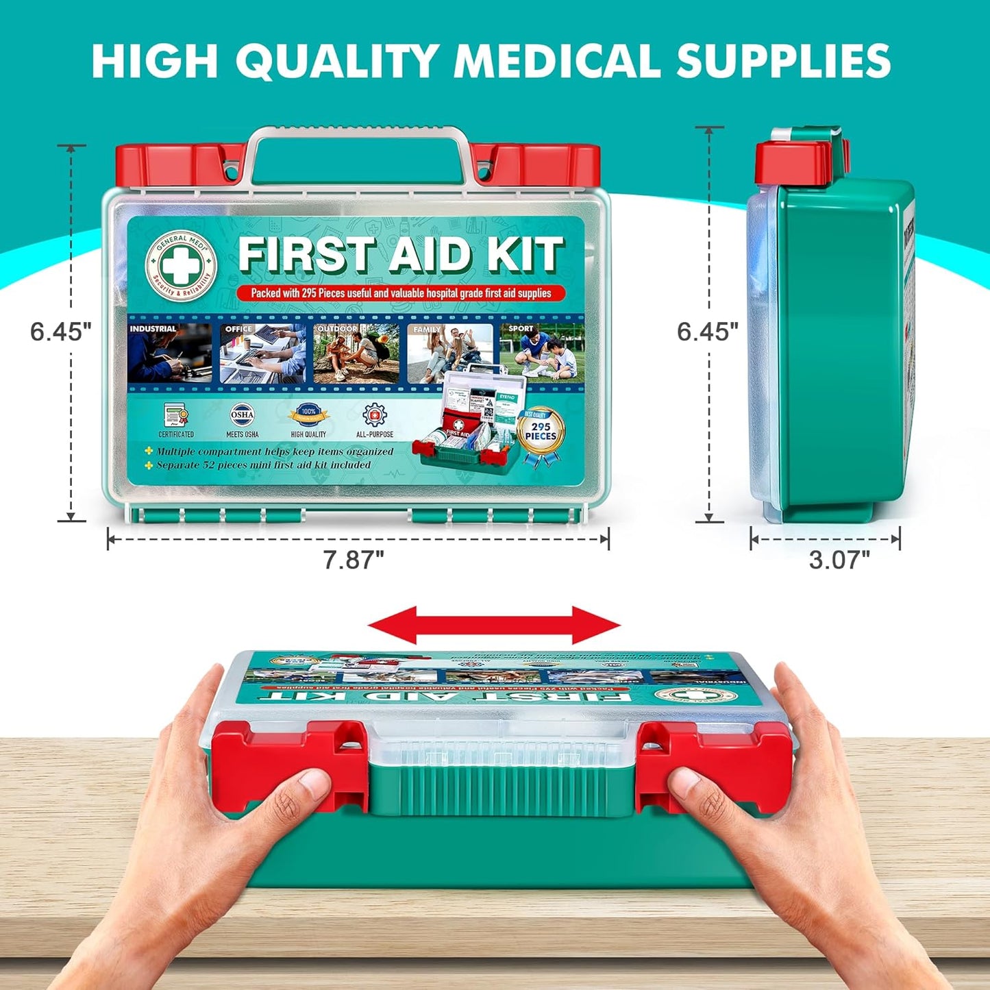 295 Pieces Professional First Aid Kit HardCase First Aid Box Contains Premium Medical Supplies for Travel Home Office