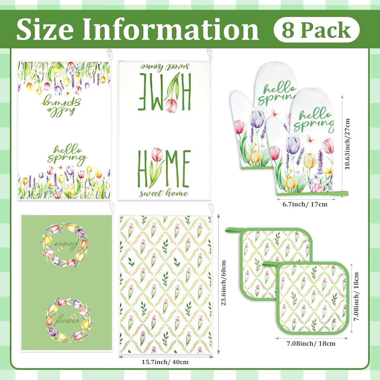 8 Pcs Tulip Floral Spring Style Kitchen Towels and Oven Mitts and Pot Holders Sets 4 Dish Towels 2 Absorbent