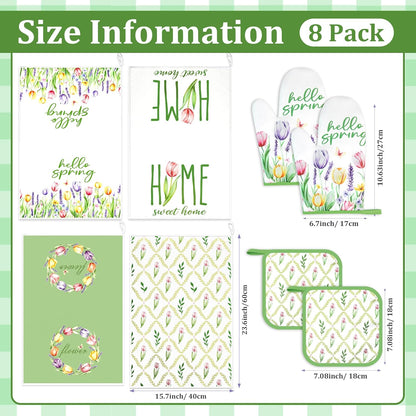 8 Pcs Tulip Floral Spring Style Kitchen Towels and Oven Mitts and Pot Holders Sets 4 Dish Towels 2 Absorbent