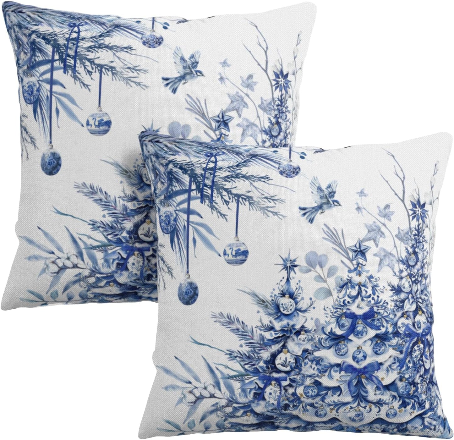 Tree Pillow Covers 18x18 Set of 2 Winter Blue White Chinoiserie Christmas Decorative Outdoor Throw