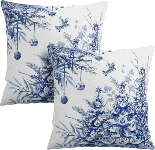 Tree Pillow Covers 18x18 Set of 2 Winter Blue White Chinoiserie Christmas Decorative Outdoor Throw