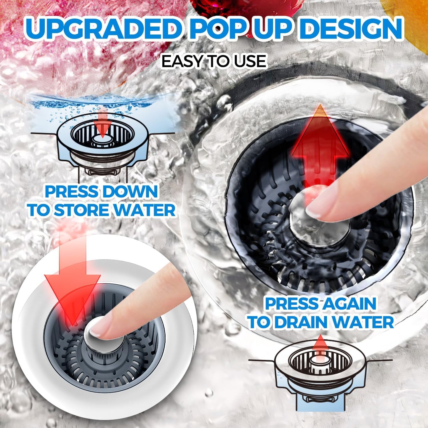 Sink Stopper Kitchen Drain 3 in 1 Kitchen Sink Drain Strainer with Anti Clogging Basket Kitchen Gadgets Clearance