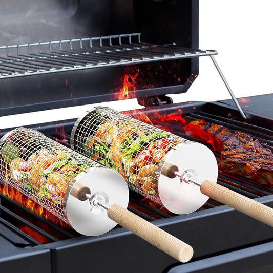 Removable Wooden Handle 304 Stainless Steel Nesting BBQ Tools, Smoker Grilling Accessories for Vegetable Outdoor