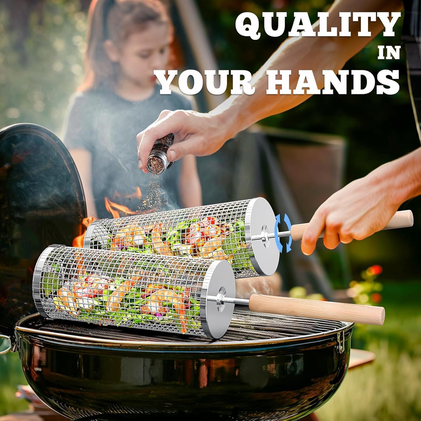 Removable Wooden Handle 304 Stainless Steel Nesting BBQ Tools, Smoker Grilling Accessories for Vegetable Outdoor