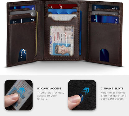 Trifold Wallet for Men - RFID Blocking Full Grain Leather 11 Card Slots & ID Window Slim Everyday Carry, Durable Stitching