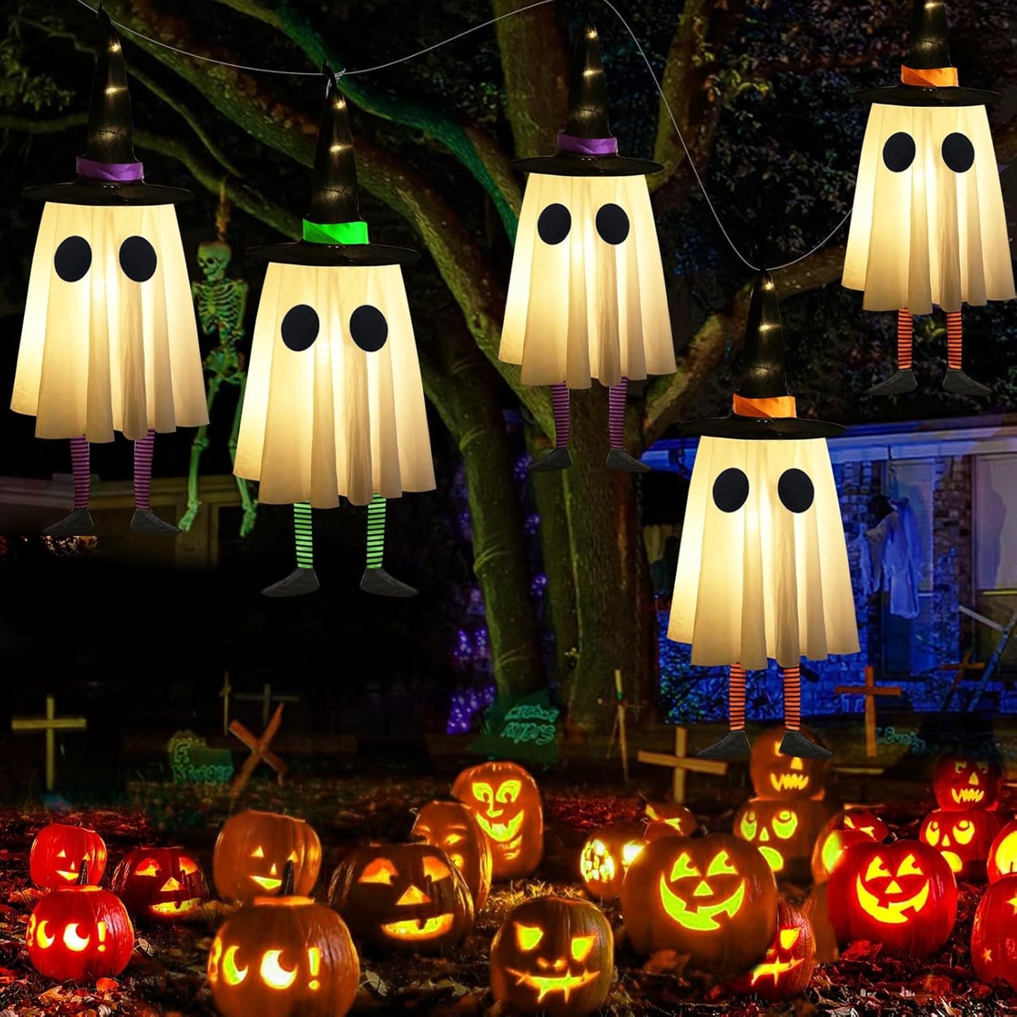 Set of 3 Glowing Ghosts with Witch Hat Lights for Yard Patio Garden Tree Outside